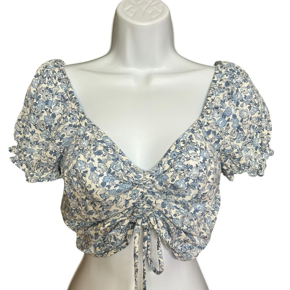 Hollister Blue Floral Ruched Crop Milkmaid Top - Size M